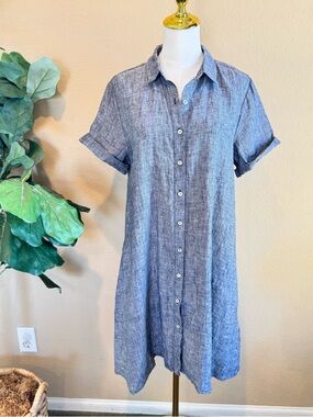 NWOT TAHARI Women’s M 100% Linen Shirt Dress Gray Short Sleeve Button Front